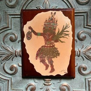 Vintage Signed Cliff Bahnimpewa Hemis Kachina Lacquered Painting Wooden Plaque
